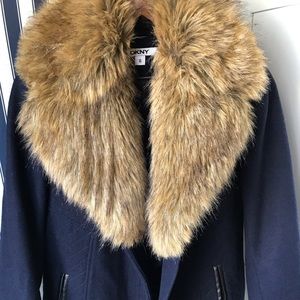 DKNY Navy Wool Fur Collar Wool Peacoat